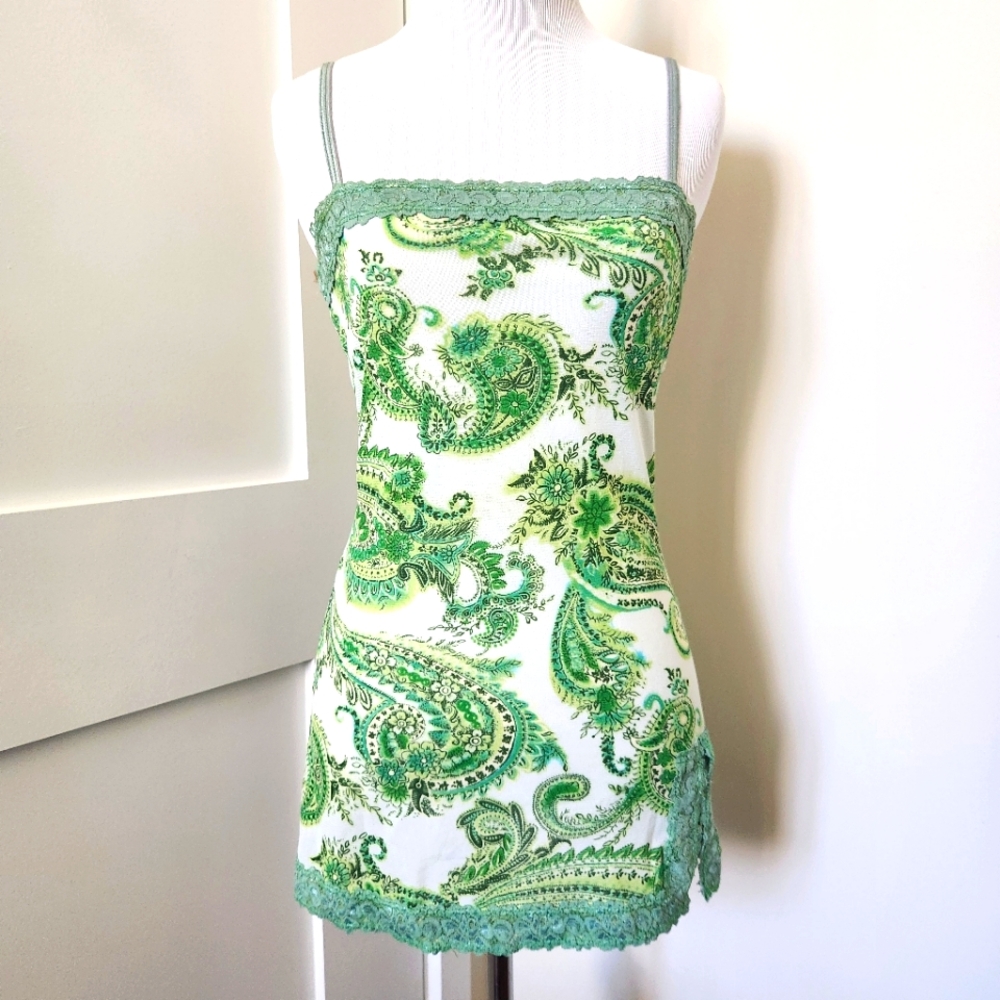 Vintage L8ter Light green paisley slip tunic tank top w/ lace trim Size SJ